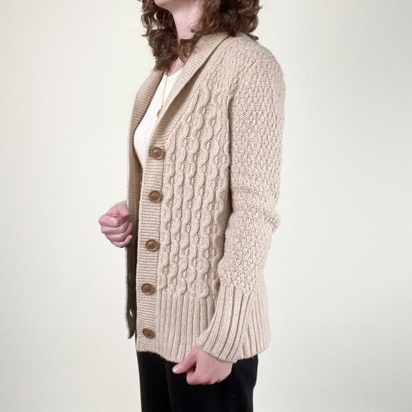 Vintage Lambswool Cable Knit Aran Cardigan Sweater Long Scandinavian Fisherman - Picture 3 of 7